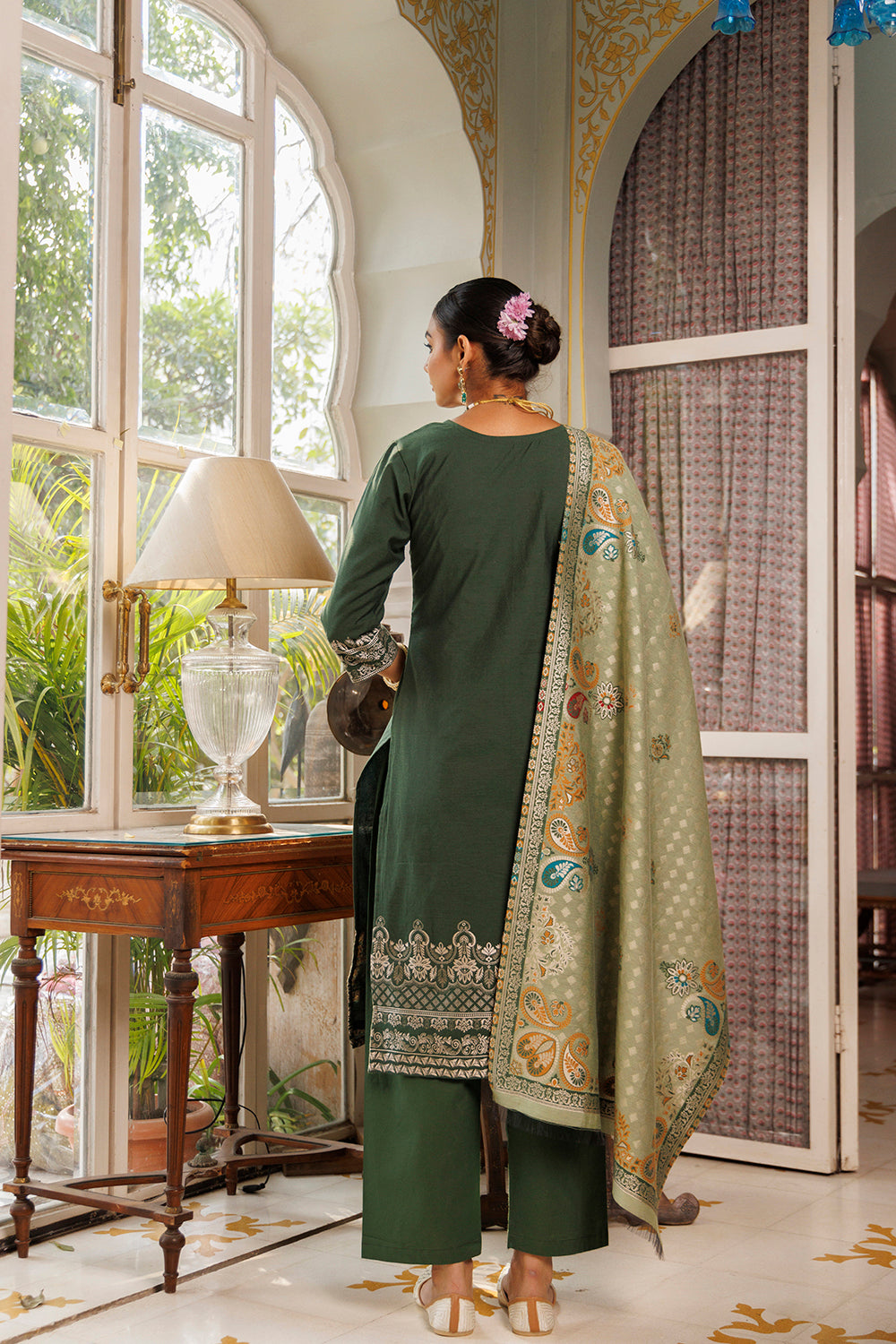 Kidar Solid Schiffili Embroidered lace Work Kurta with Pants & Dupatta - Green