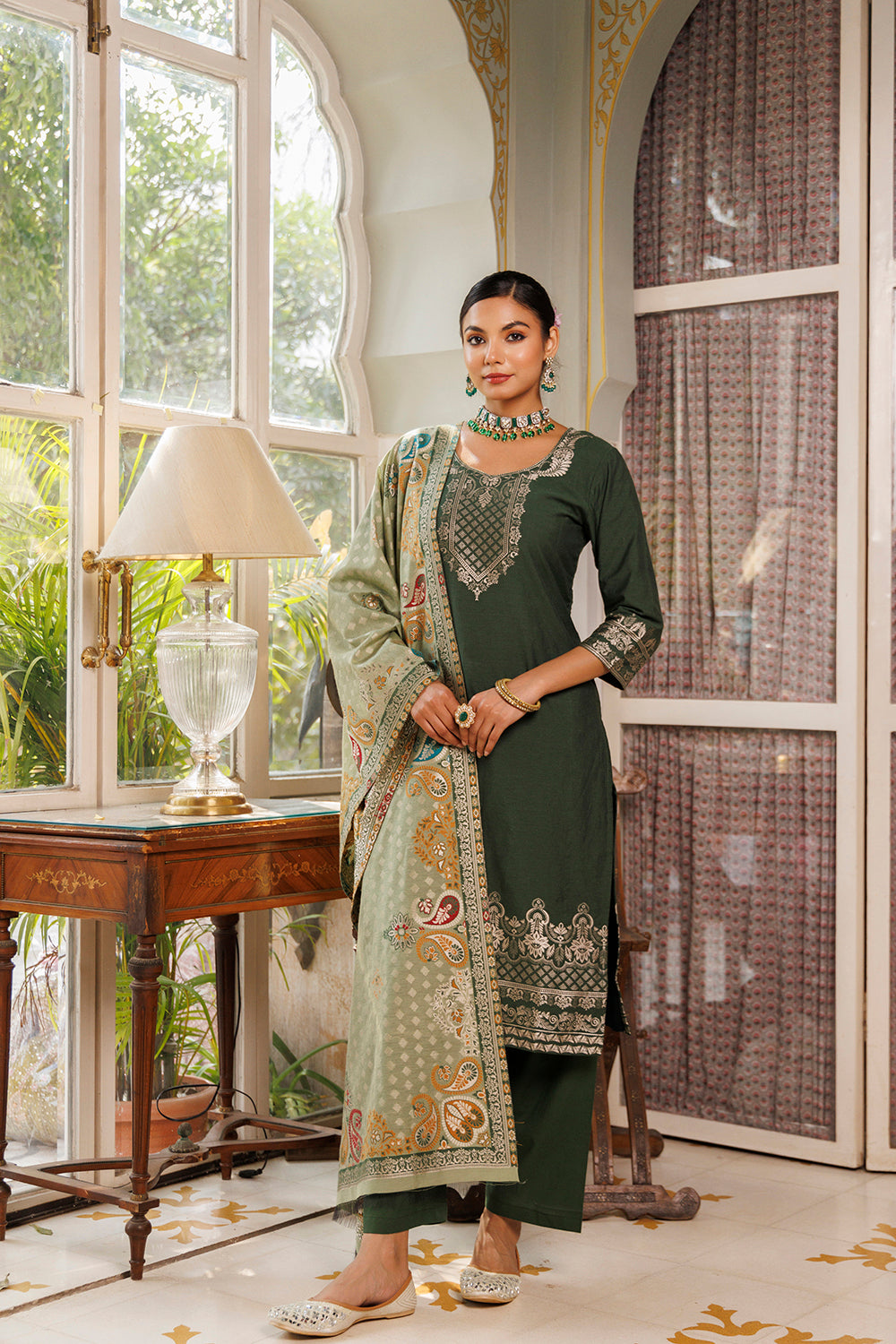 Kidar Solid Schiffili Embroidered lace Work Kurta with Pants & Dupatta - Green