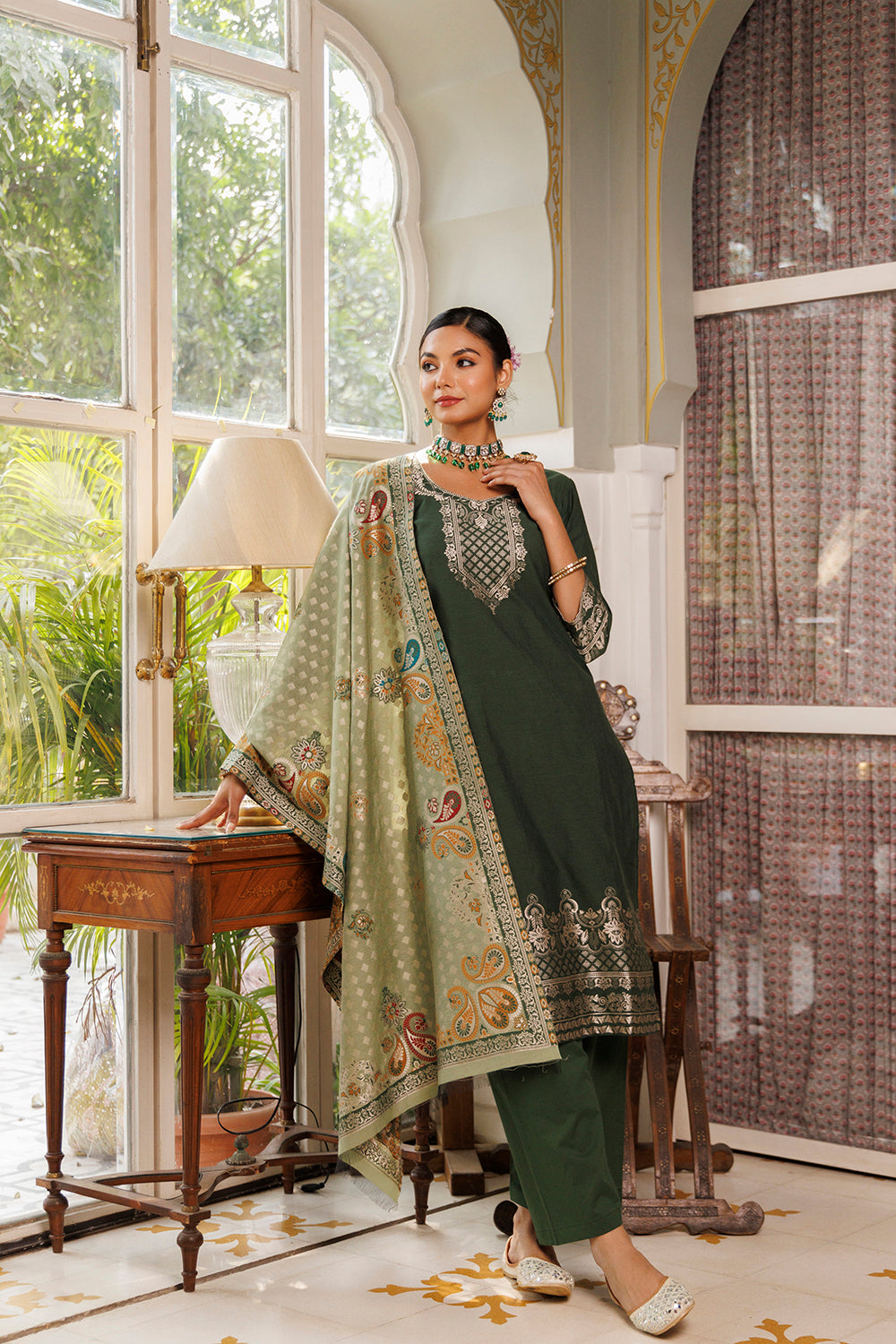 Kidar Solid Schiffili Embroidered lace Work Kurta with Pants & Dupatta - Green