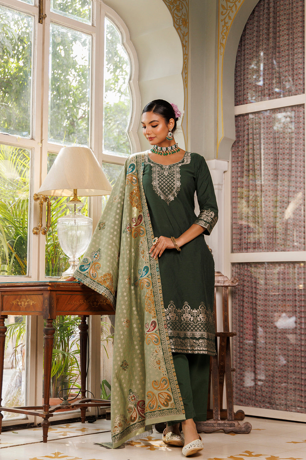 Kidar Solid Schiffili Embroidered lace Work Kurta with Pants & Dupatta - Green