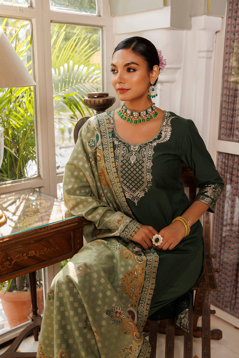 Kidar Solid Schiffili Embroidered lace Work Kurta with Pants & Dupatta - Green