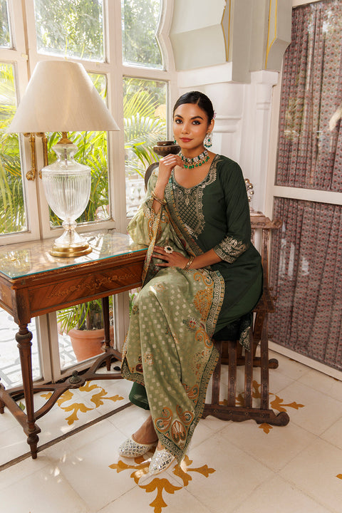 Kidar Solid Schiffili Embroidered lace Work Kurta with Pants & Dupatta - Green