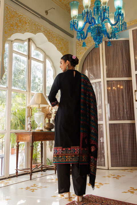 Kidar Elegant Black Pant Suit with Threadwork - Black
