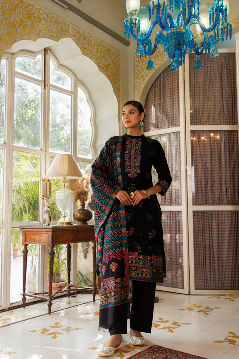 Kidar Elegant Black Pant Suit with Threadwork - Black