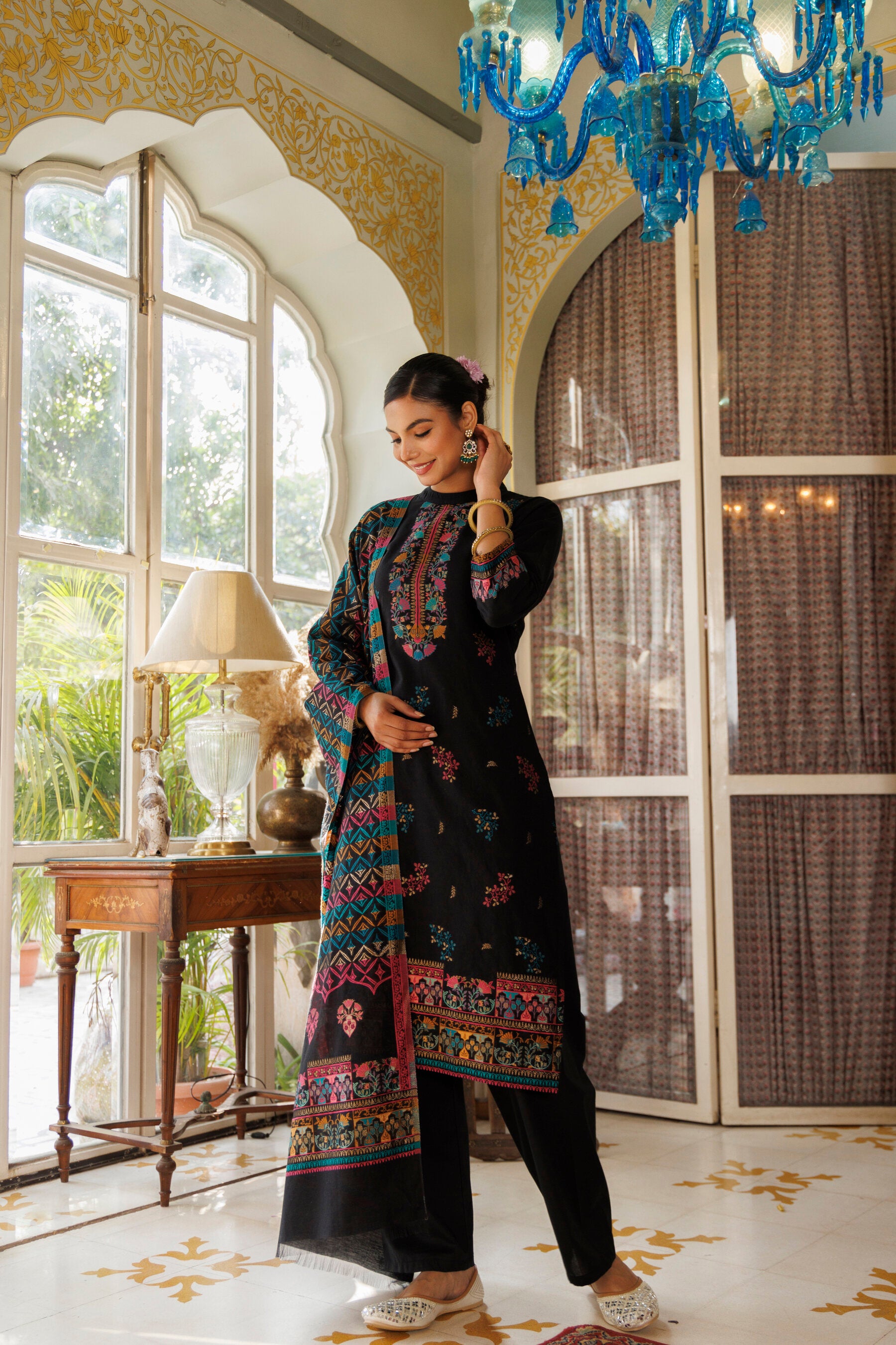 Kidar Elegant Black Printed Pant Suit with Threadwork - Black