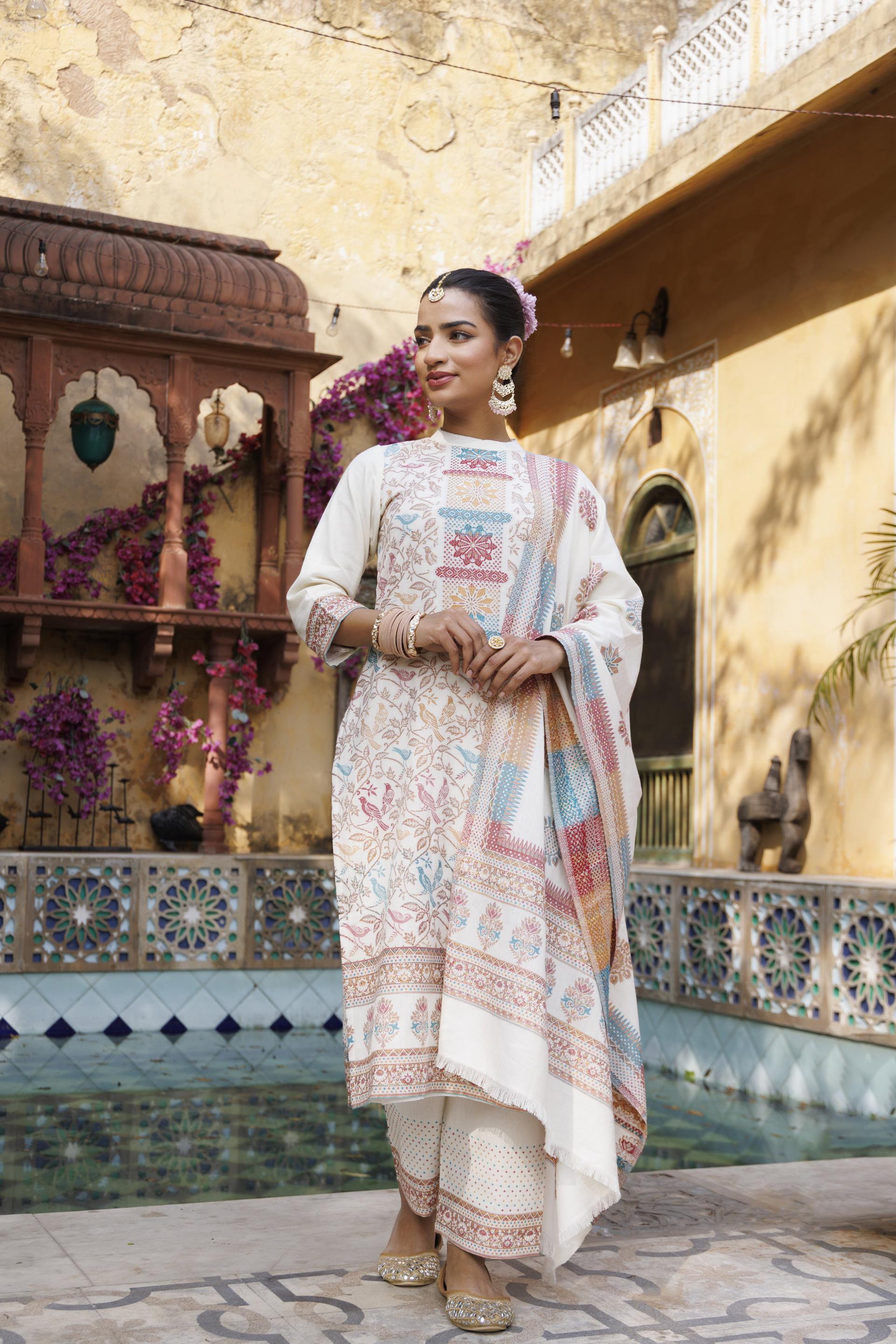 Kidar White Organic Cotton Pant Suit with Printed Dupatta