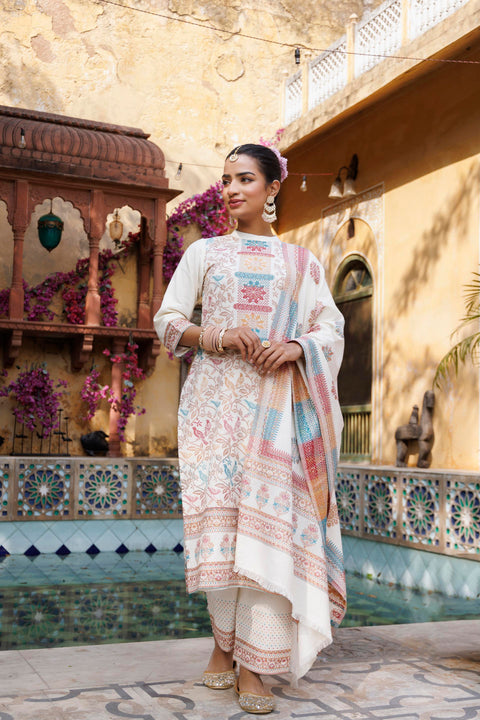 Kidar White Organic Cotton Pant Suit with Weave design Dupatta