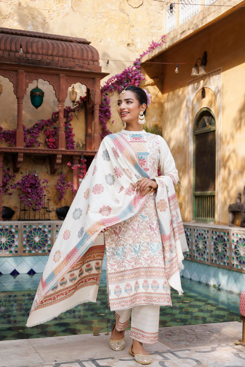 Kidar White Organic Cotton Pant Suit with Weave design Dupatta