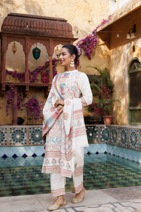 Kidar White Organic Cotton Pant Suit with Weave design Dupatta