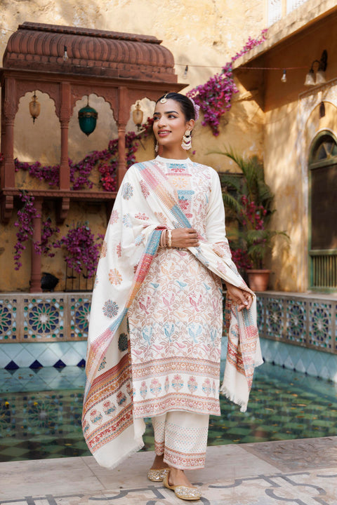 Kidar White Organic Cotton Pant Suit with Weave design Dupatta