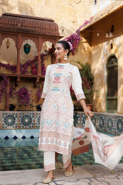 Kidar White Organic Cotton Pant Suit with Weave design Dupatta