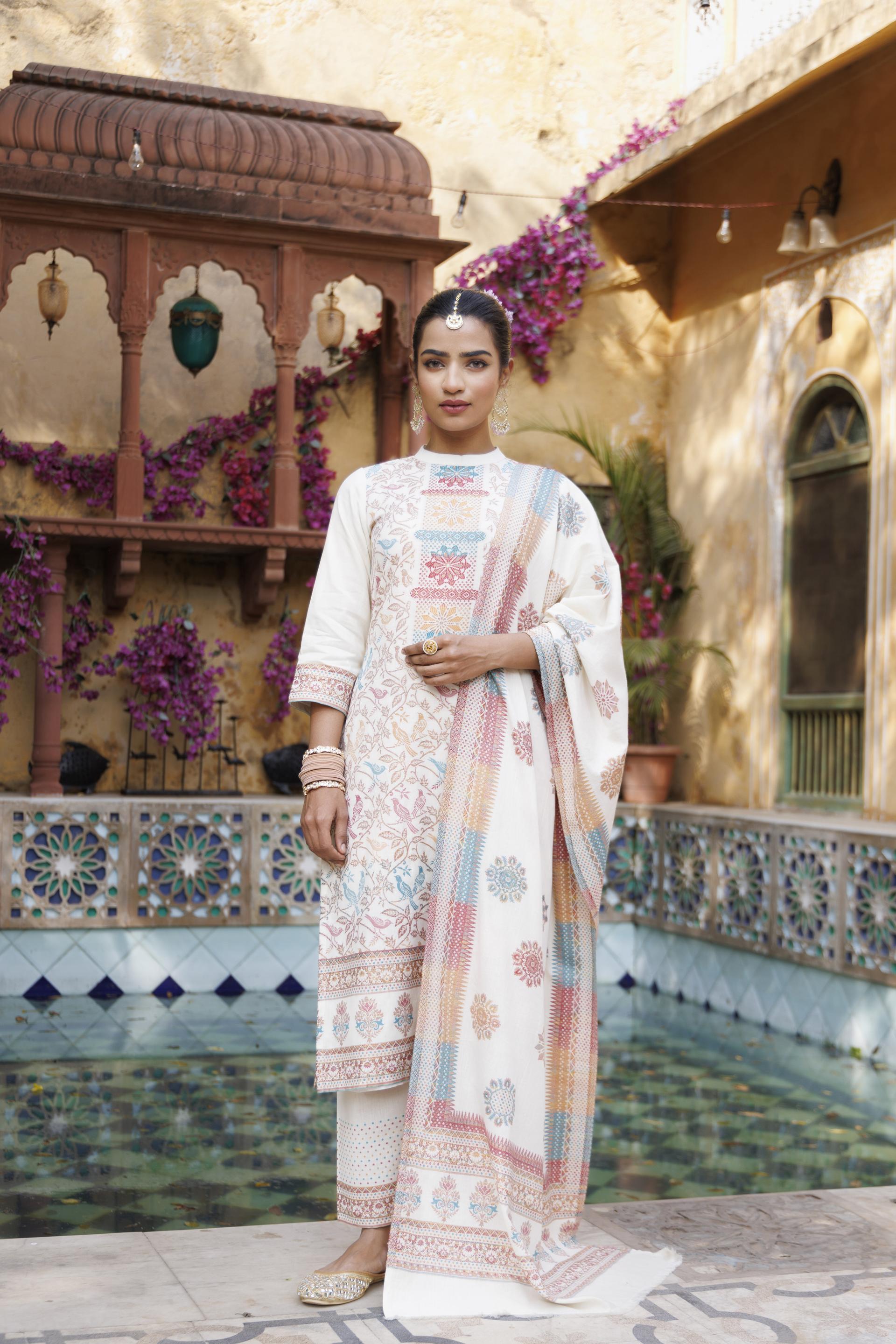 Kidar White Organic Cotton Pant Suit with Printed Dupatta