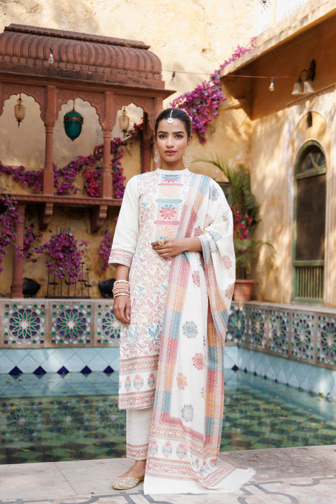 Kidar White Organic Cotton Pant Suit with Weave design Dupatta