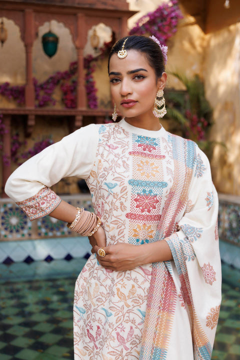 Kidar White Organic Cotton Pant Suit with Weave design Dupatta