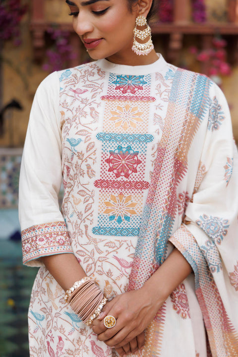 Kidar White Organic Cotton Pant Suit with Weave design Dupatta