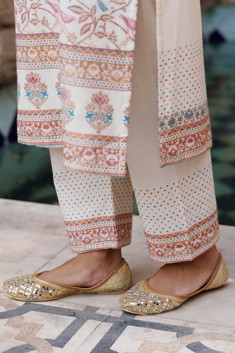 Kidar White Organic Cotton Pant Suit with Weave design Dupatta