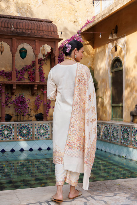 Kidar Floral Weave Kurta with Pants & Dupatta - White