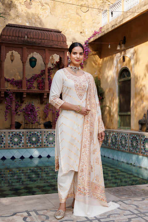 Kidar Floral Weave Kurta with Pants & Dupatta - White