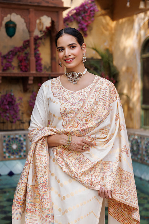Kidar Floral Weave Kurta with Pants & Dupatta - White