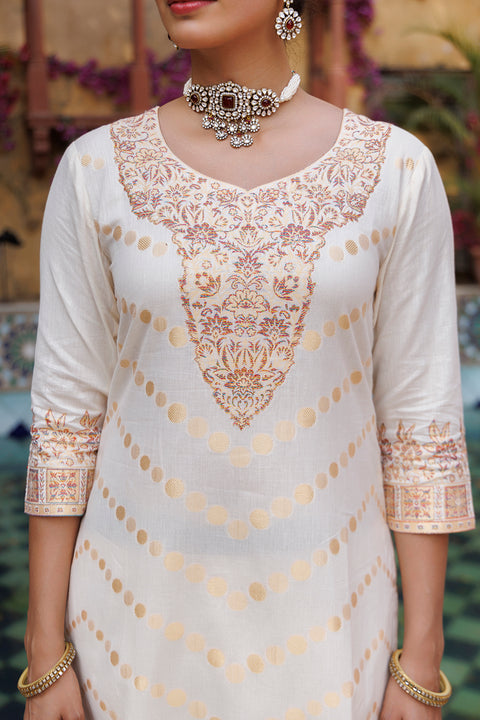 Kidar Floral Weave Kurta with Pants & Dupatta - White