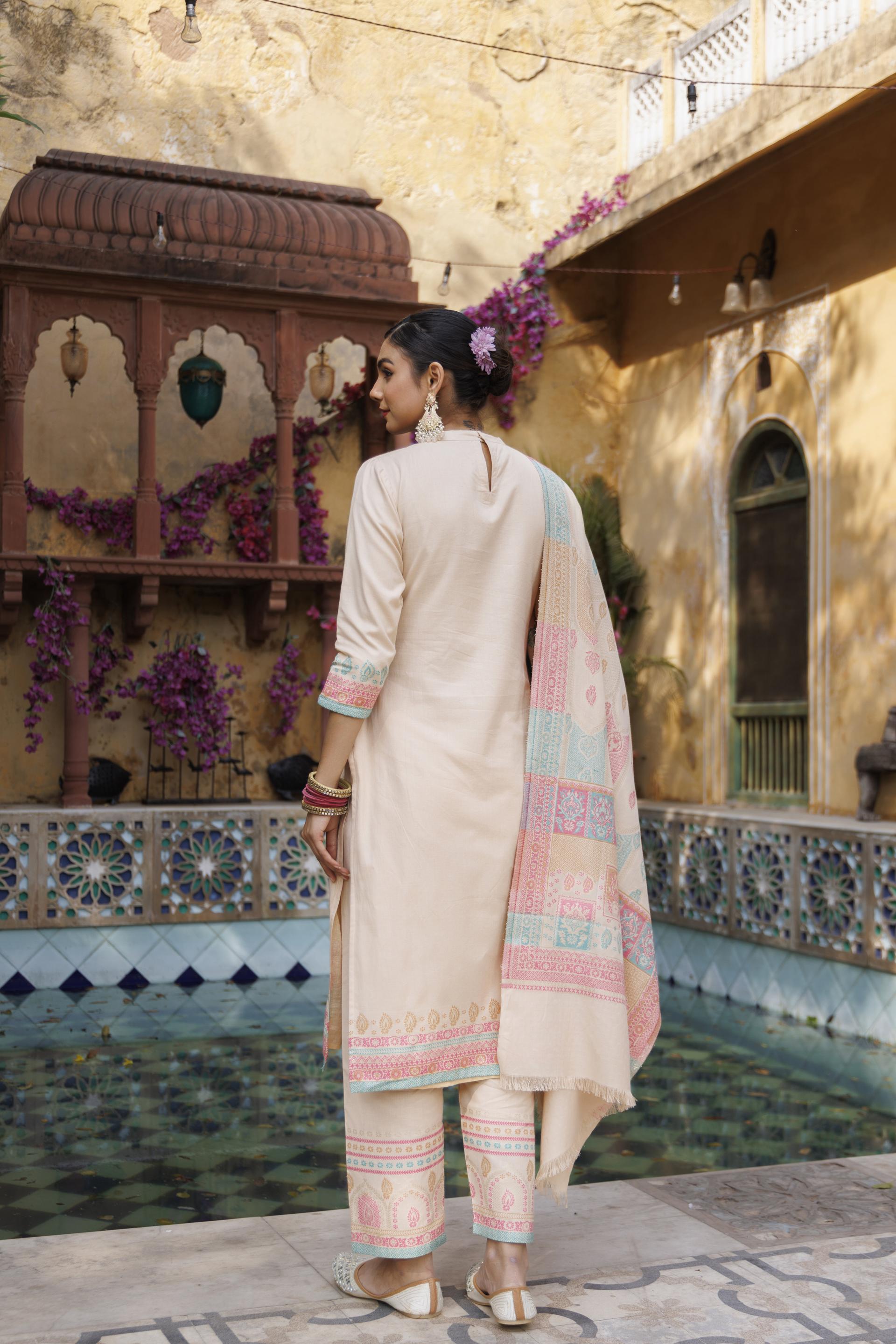 Kidar White Organic Cotton Pant Suit with Printed Dupatta