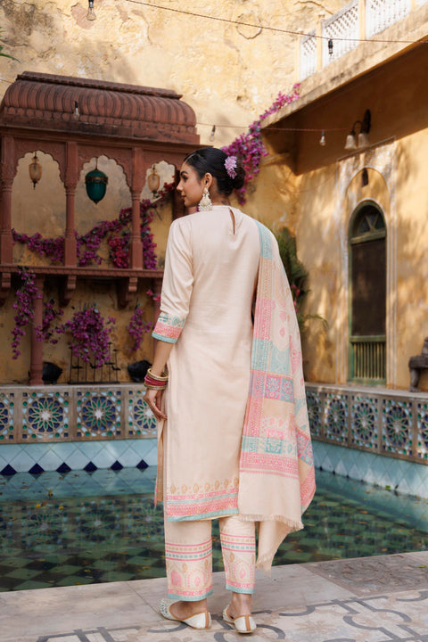 Kidar White Organic Cotton Pant Suit with Weave design Dupatta