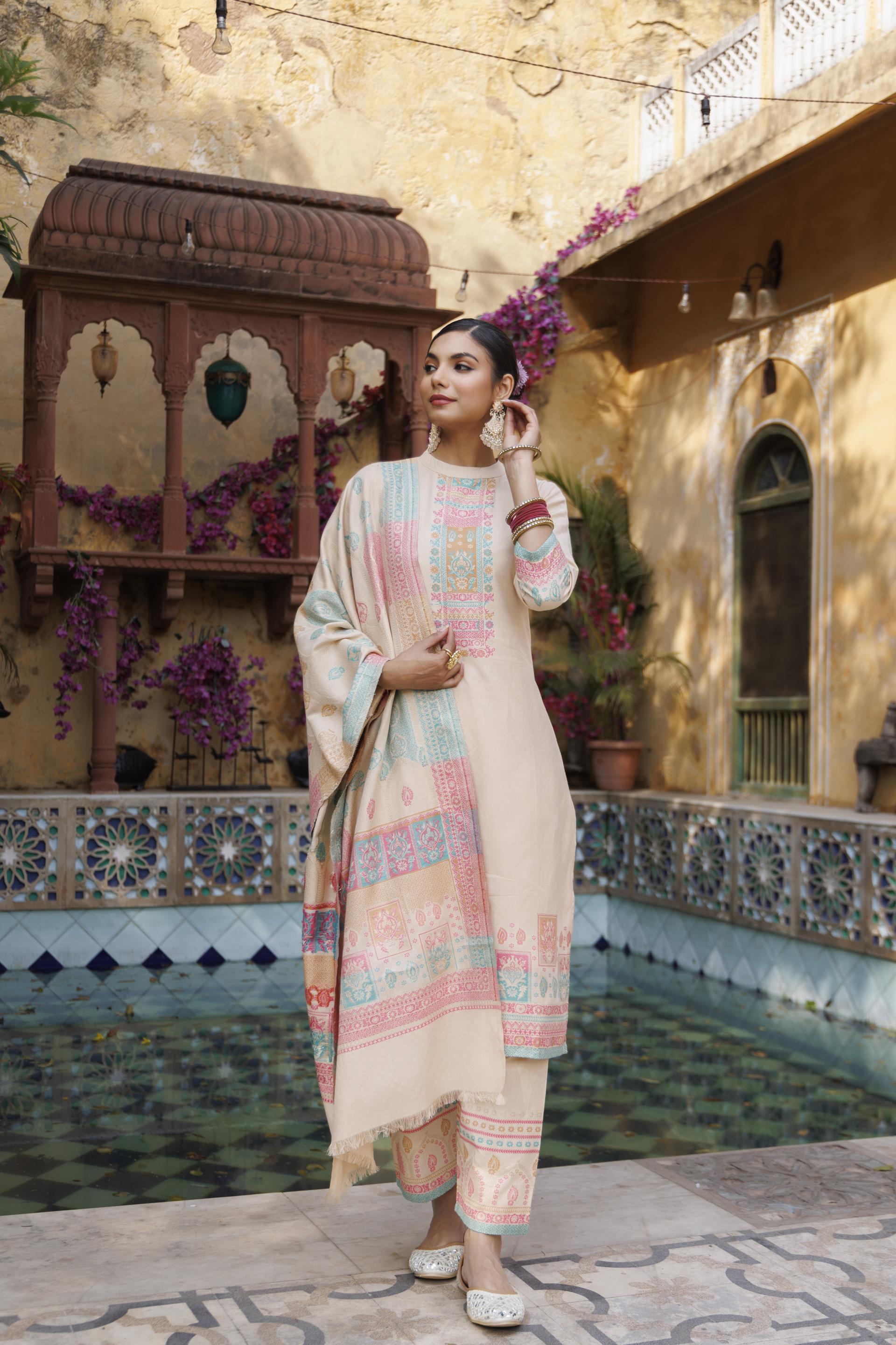 Kidar White Organic Cotton Pant Suit with Printed Dupatta