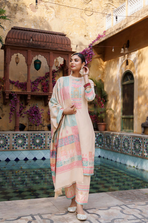 Kidar White Organic Cotton Pant Suit with Weave design Dupatta