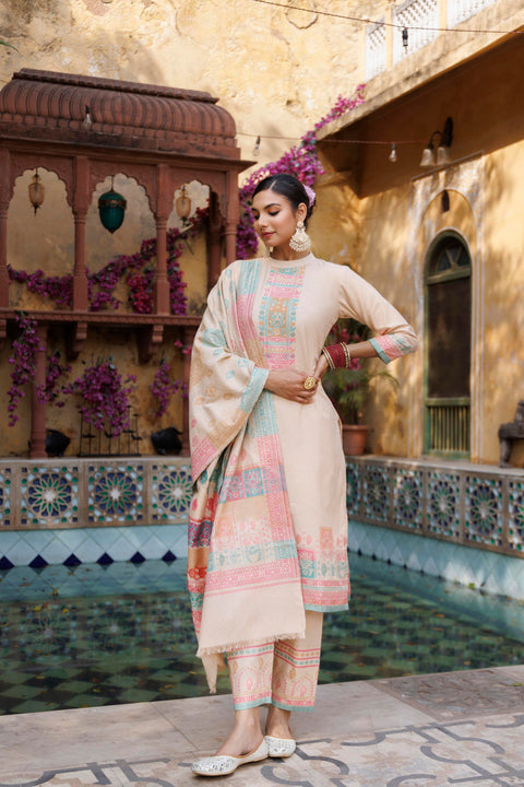 Kidar White Organic Cotton Pant Suit with Weave design Dupatta