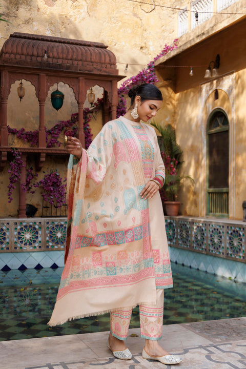 Kidar White Organic Cotton Pant Suit with Weave design Dupatta