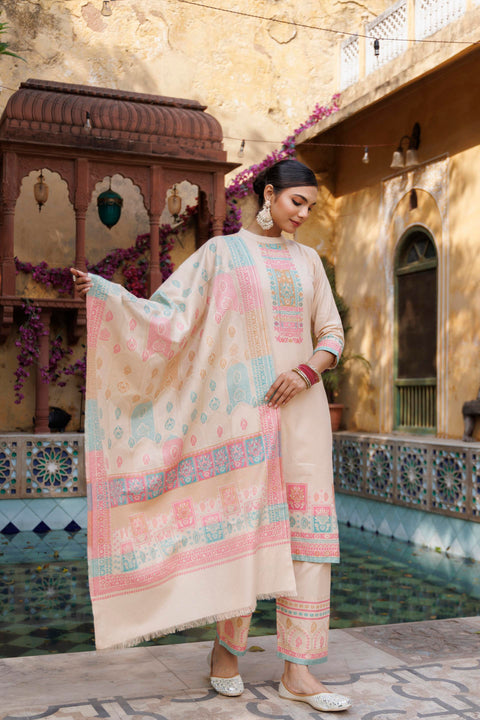Kidar White Organic Cotton Pant Suit with Weave design Dupatta