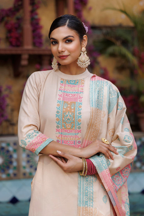 Kidar White Organic Cotton Pant Suit with Weave design Dupatta