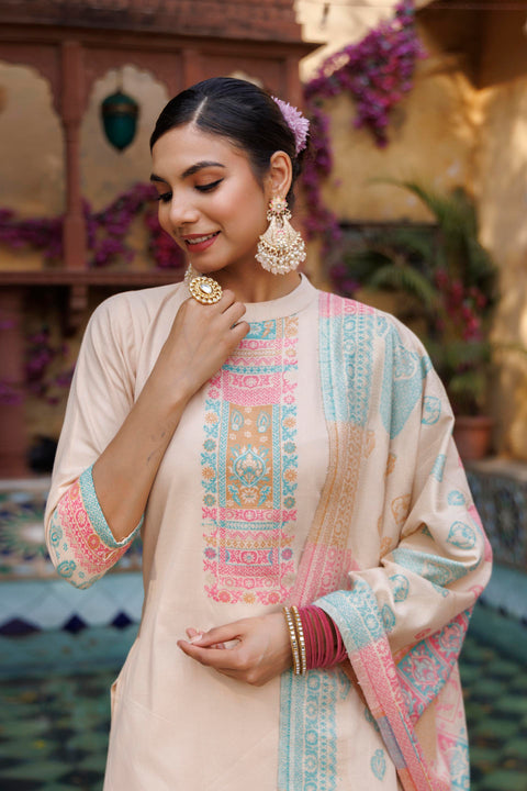Kidar White Organic Cotton Pant Suit with Weave design Dupatta