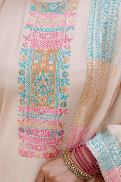 Kidar White Organic Cotton Pant Suit with Weave design Dupatta