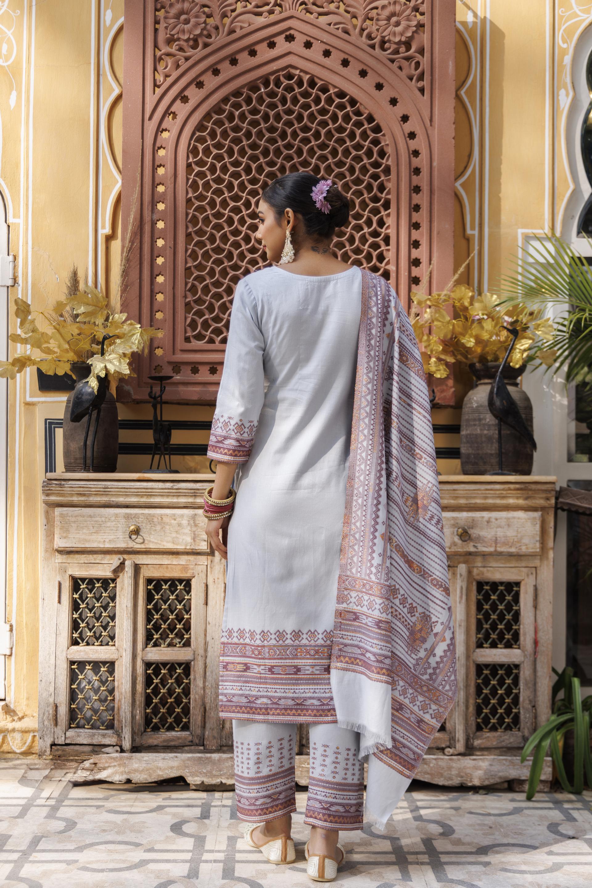 Kidar Light Grey Organic Cotton Pant Suit with Printed Dupatta"