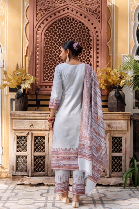 Kidar Light Grey Organic Cotton Pant Suit with Weave Dupatta"