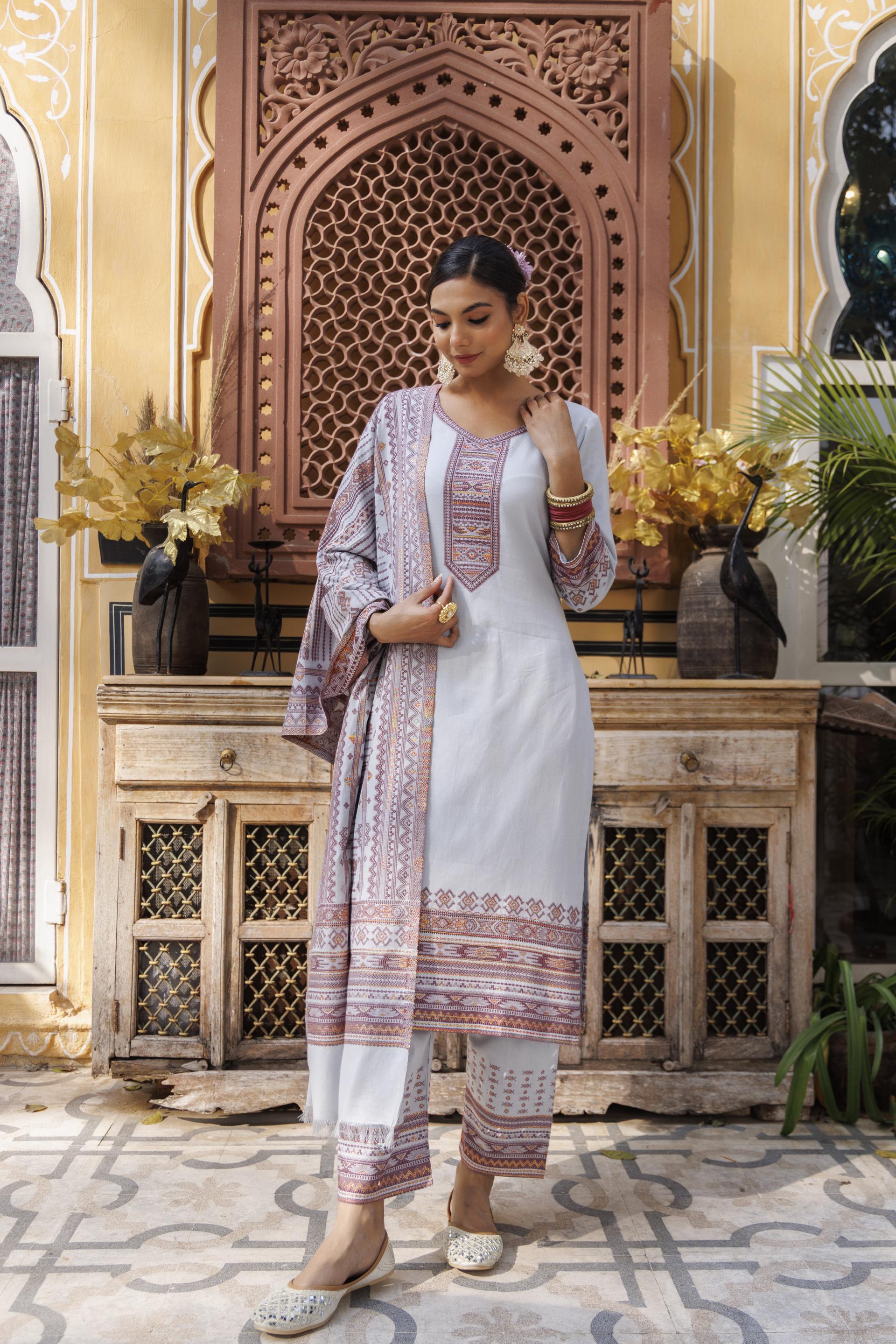 Kidar Light Grey Organic Cotton Pant Suit with Printed Dupatta"