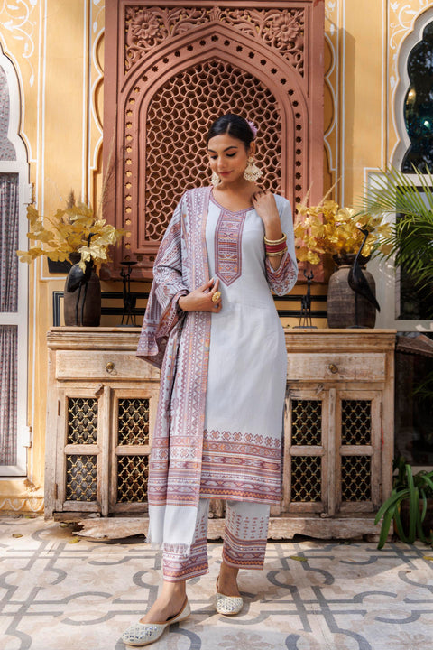 Kidar Light Grey Organic Cotton Pant Suit with Weave Dupatta"