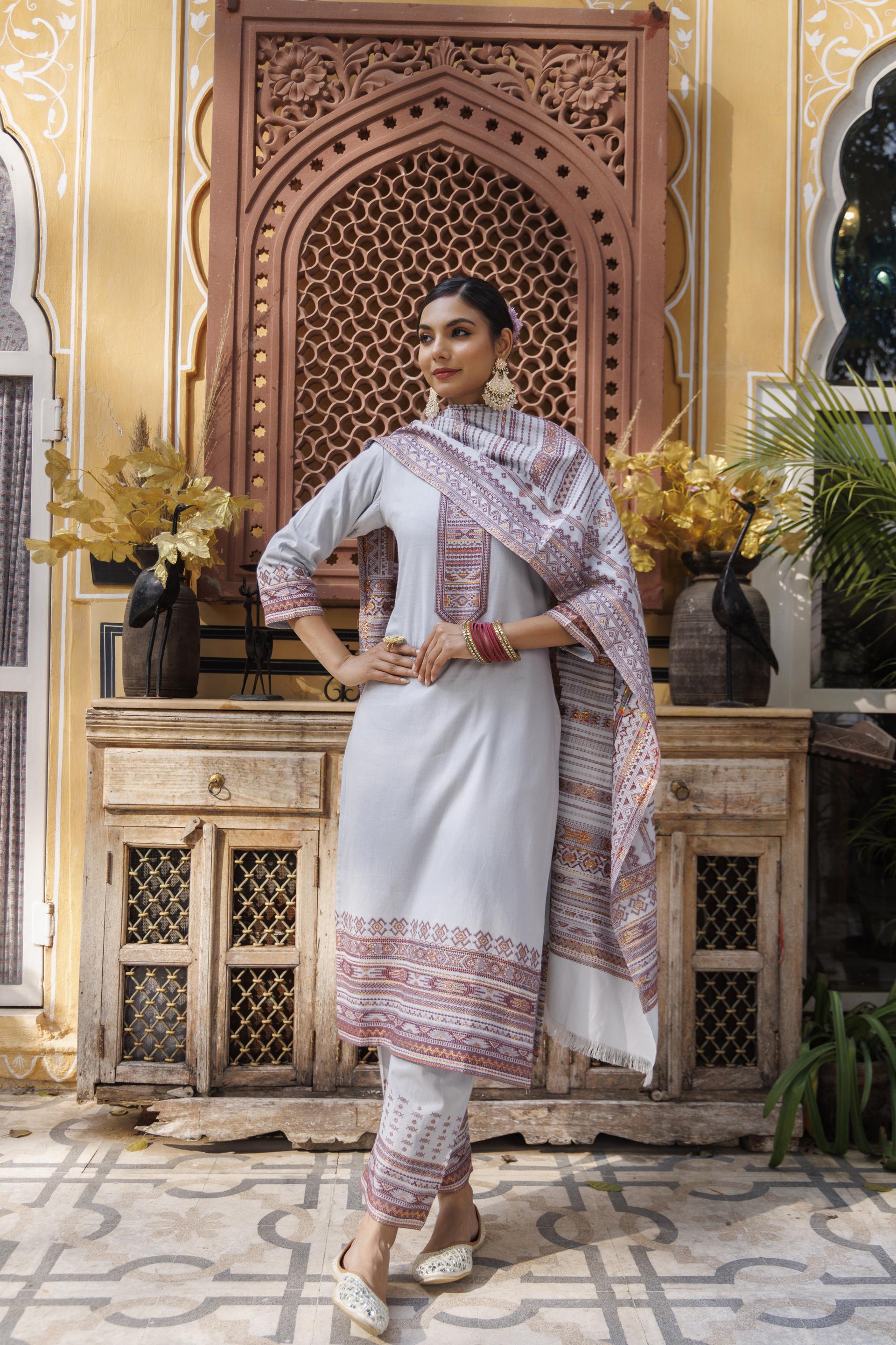 Kidar Light Grey Organic Cotton Pant Suit with Printed Dupatta"