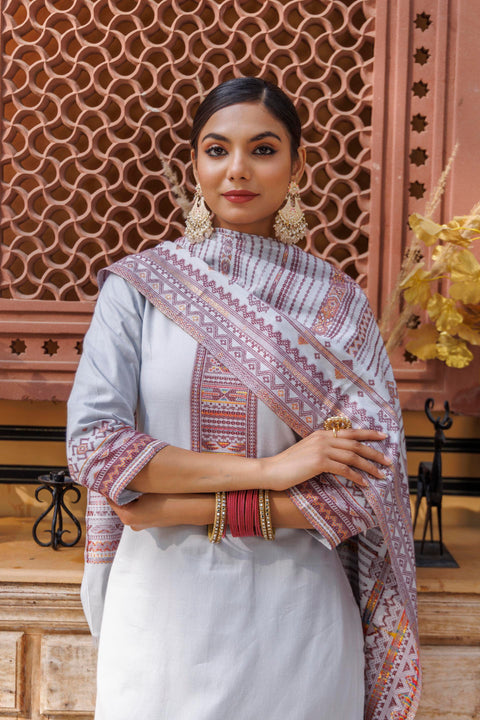 Kidar Light Grey Organic Cotton Pant Suit with Weave Dupatta"