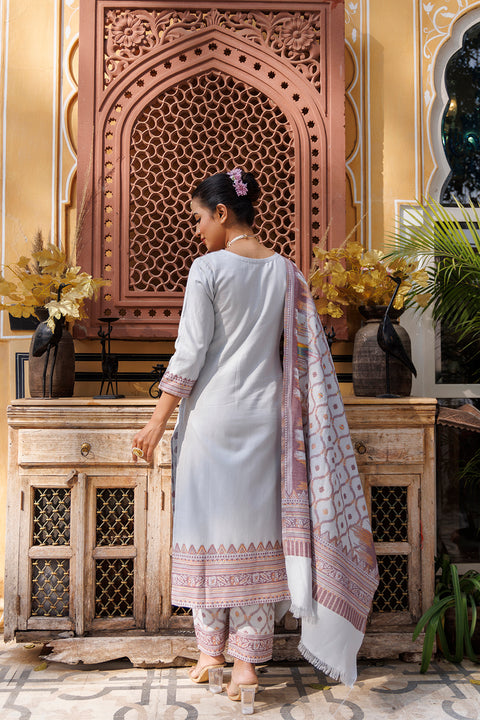 Kidar Floral Weave Kurta with Pants & Dupatta - Light Grey