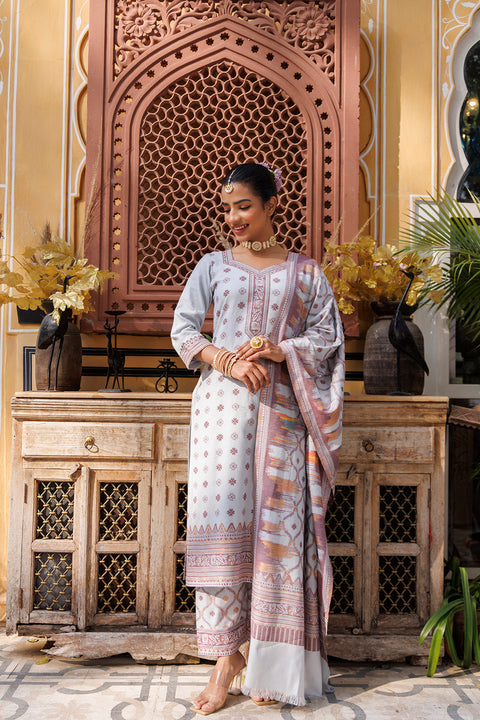 Kidar Floral Weave Kurta with Pants & Dupatta - Light Grey
