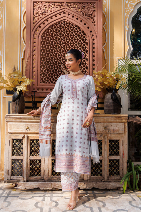 Kidar Floral Weave Kurta with Pants & Dupatta - Light Grey