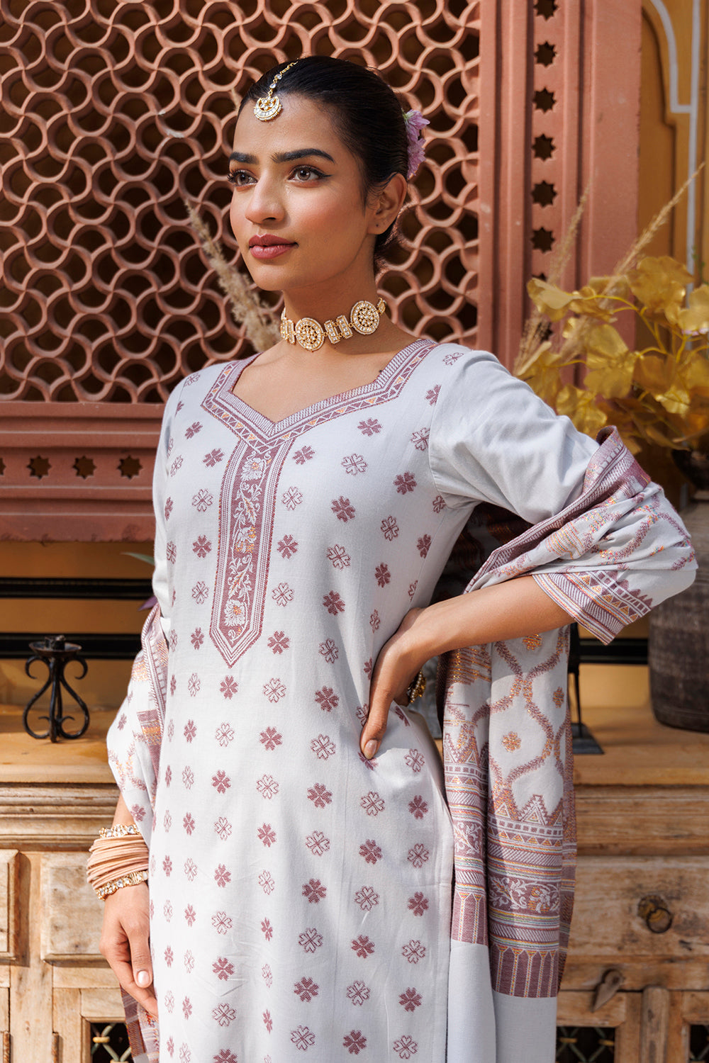 Kidar Floral Printed Kurta With Pants & Dupatta - Light Grey