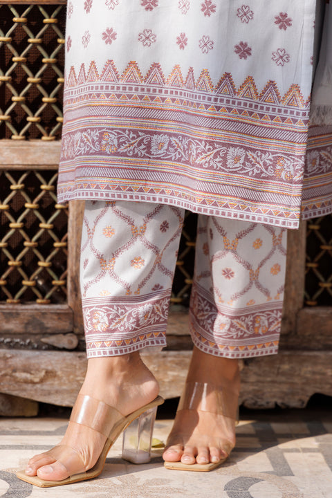 Kidar Floral Weave Kurta with Pants & Dupatta - Light Grey