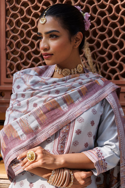 Kidar Floral Weave Kurta with Pants & Dupatta - Light Grey