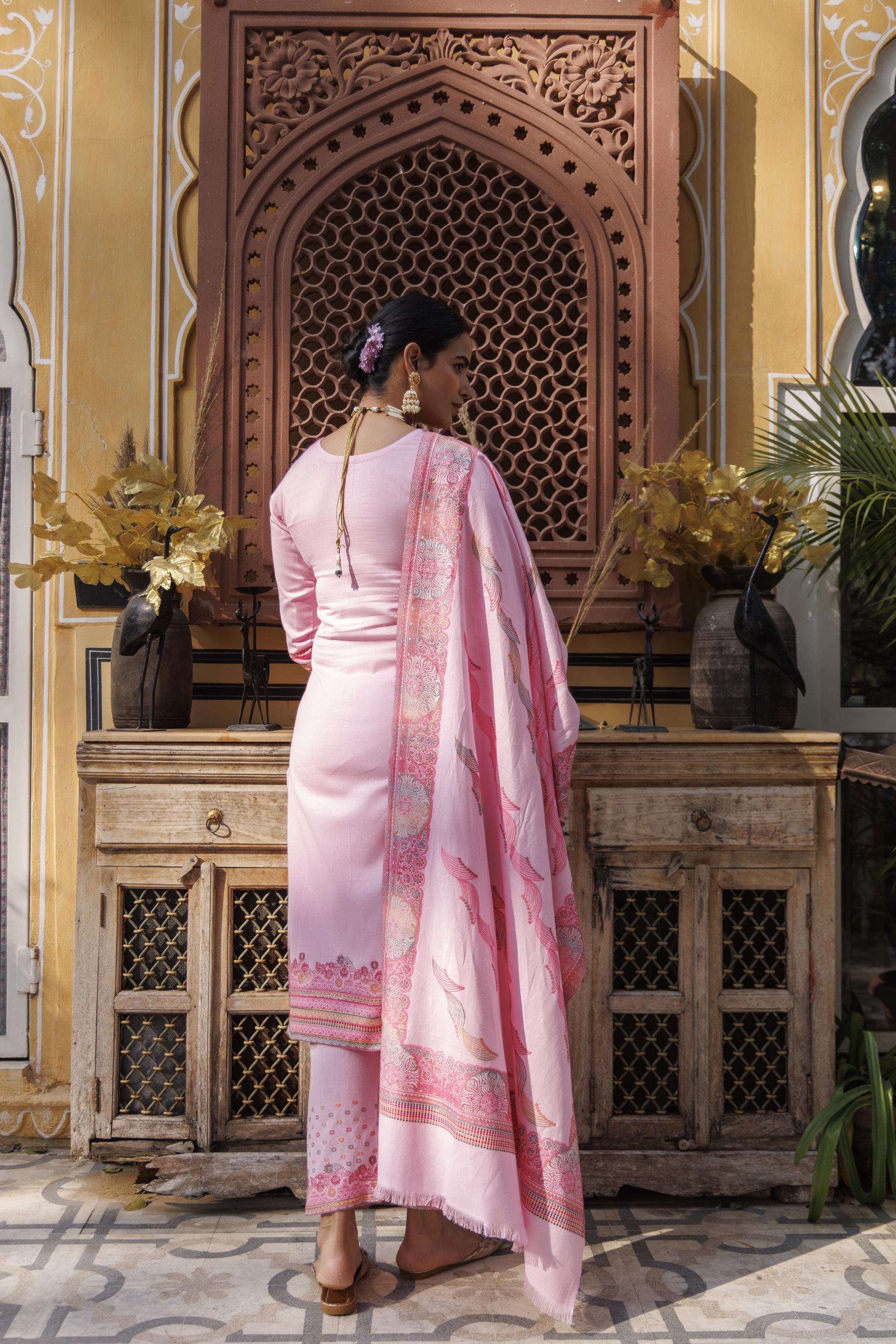 Kidar U-Neck Pant Suit with Printed Dupatta - pink