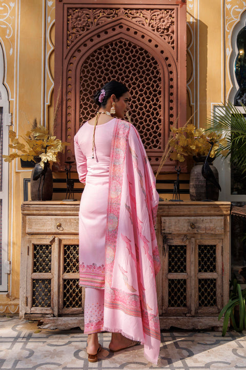 Kidar U-Neck Pant Suit with Weave design Dupatta - pink