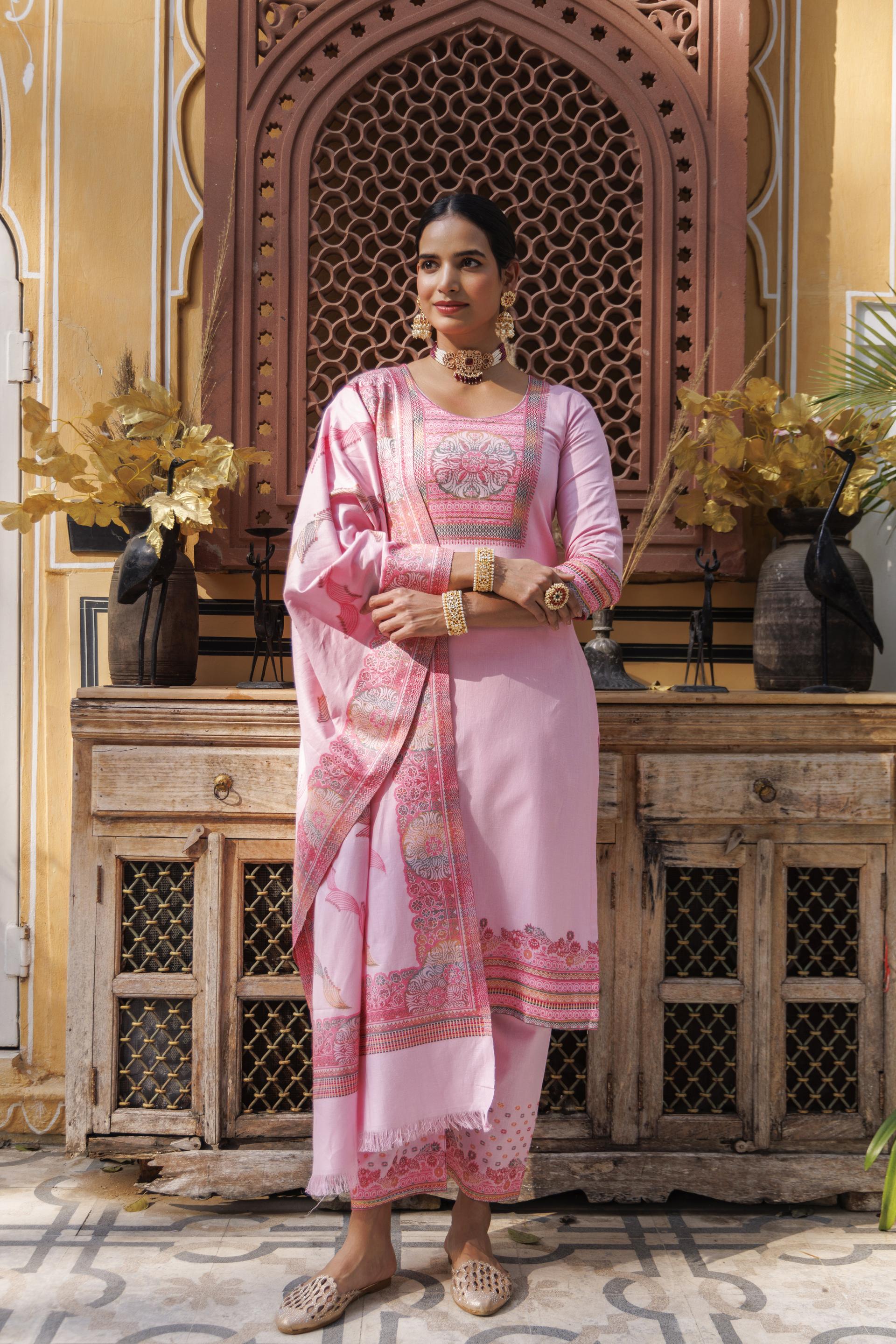 Kidar U-Neck Pant Suit with Printed Dupatta - pink