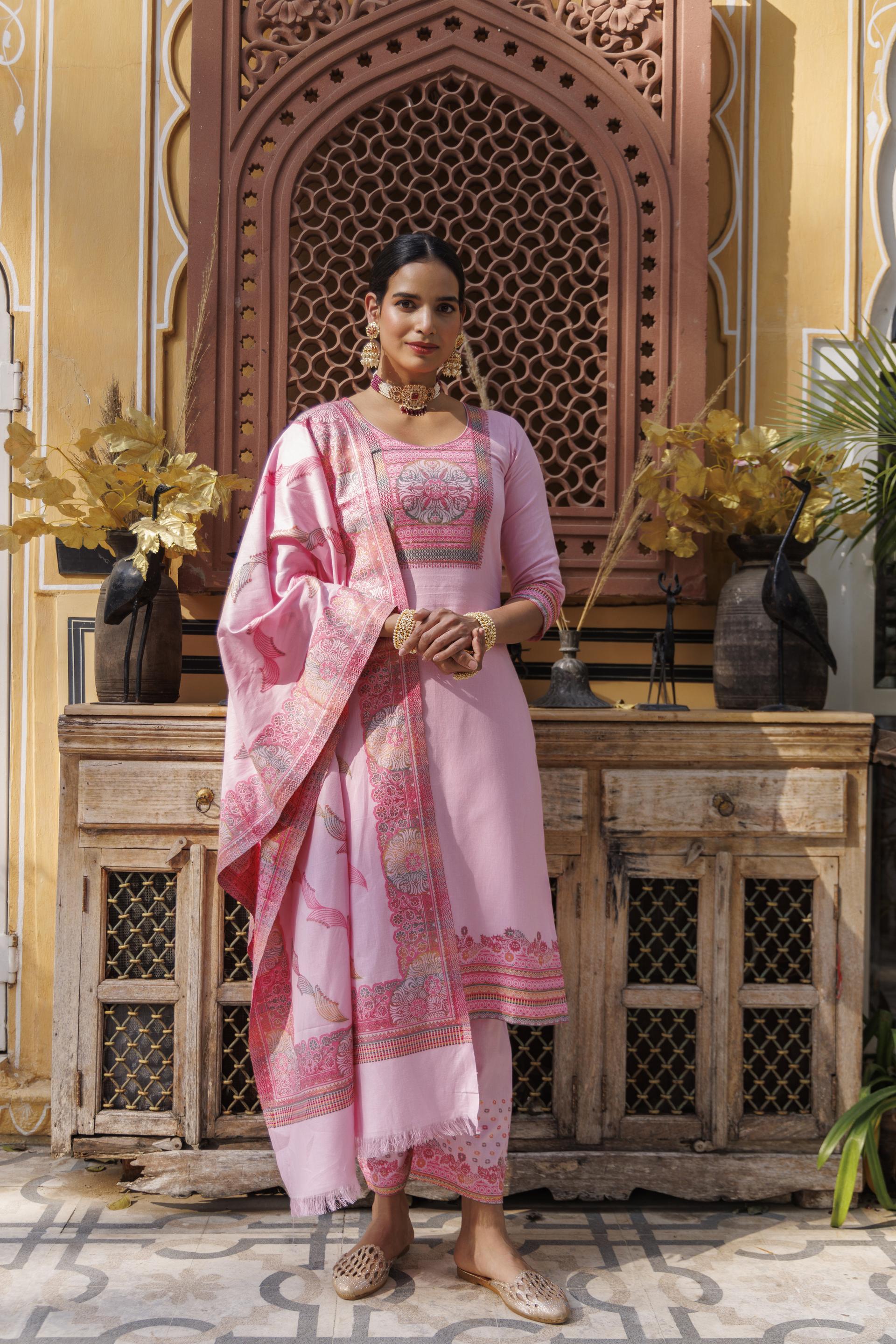 Kidar U-Neck Pant Suit with Printed Dupatta - pink